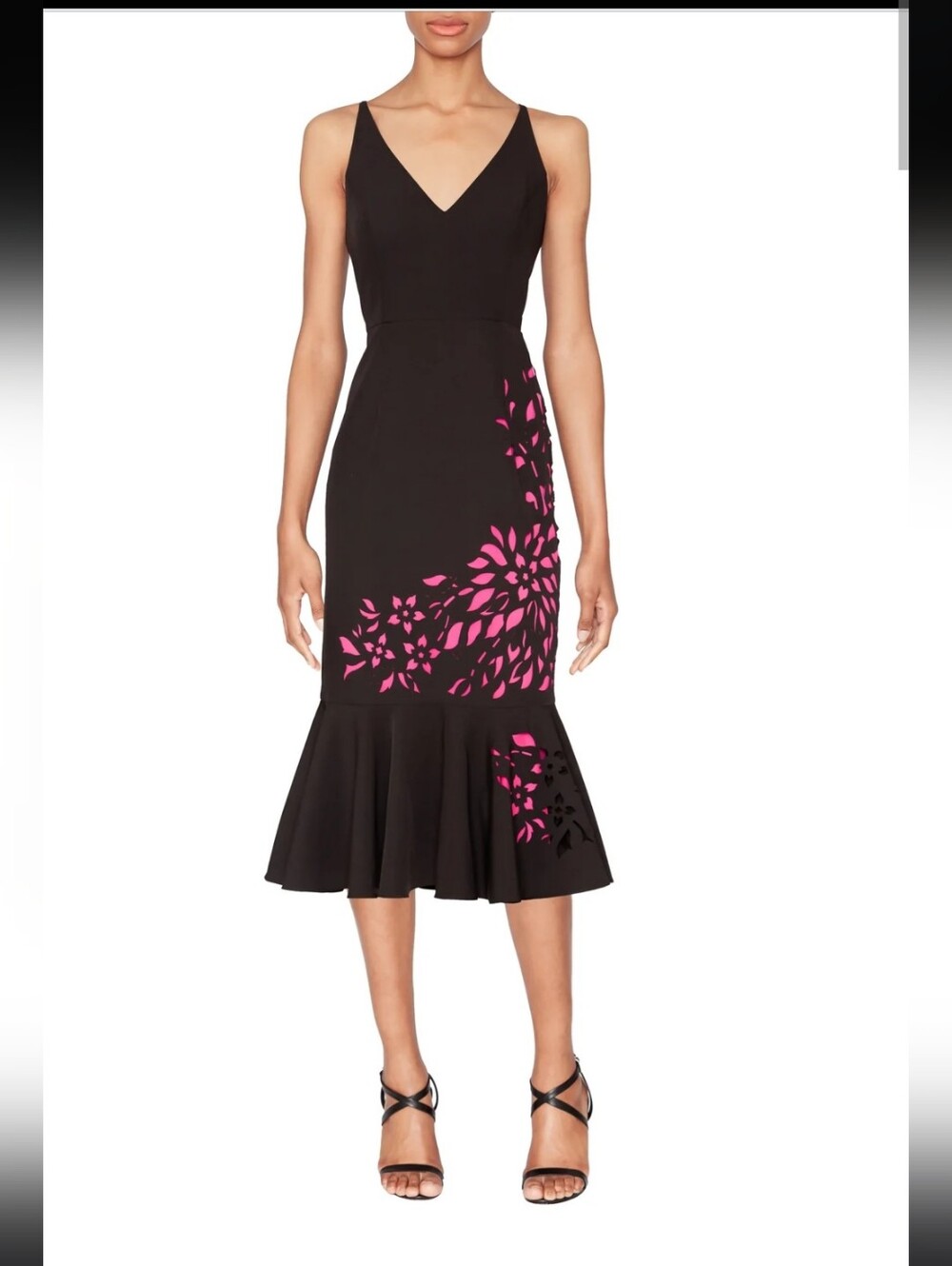 NWT White Tie by Shani Black Pink Floral Flounce Midi Dress US 10 MSRP $169